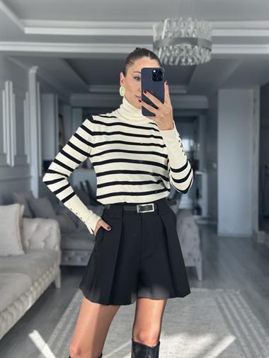 Krem Siyah Çizgili Balıkçı Yaka Kolu Droplu Kadın Triko Kazak