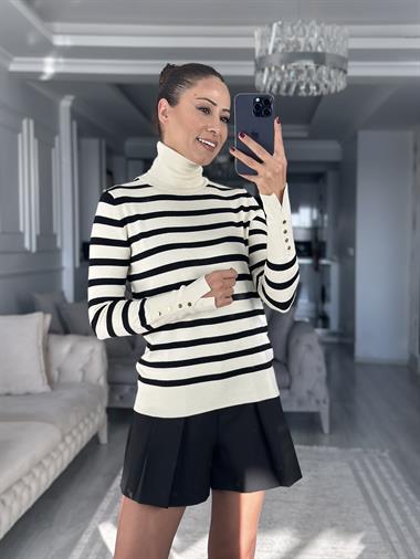 Krem Siyah Çizgili Balıkçı Yaka Kolu Droplu Kadın Triko Kazak