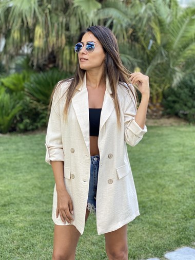 Krem Vatkalı Dört Düğmeli Keten Aerobin Kadın Ceket