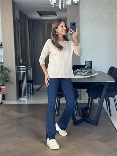 Kum Beji Bisiklet Yaka Uzun Kol Dlvn Düz Merserize Kadın Bluz