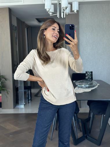 Kum Beji Bisiklet Yaka Uzun Kol Dlvn Düz Merserize Kadın Bluz