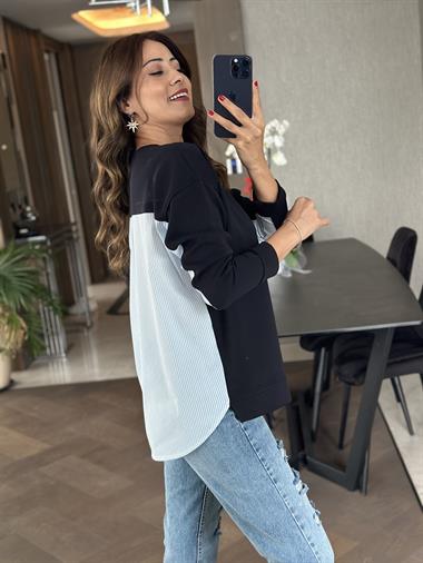 Lacivert Arkası Çizgili Bisiklet Yaka Kadın Sweatshirt