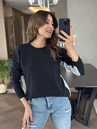 Lacivert Arkası Çizgili Bisiklet Yaka Kadın Sweatshirt