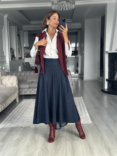 Lacivert  Arkası Fermuarlı Midi Boy Kadın Denim Etek