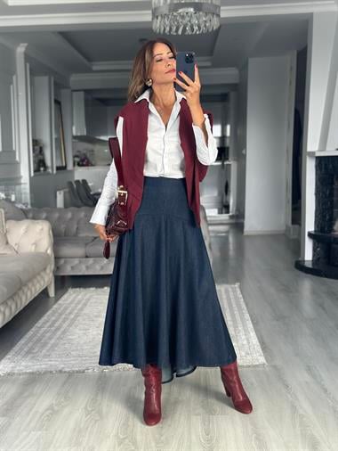 Lacivert  Arkası Fermuarlı Midi Boy Kadın Denim Etek