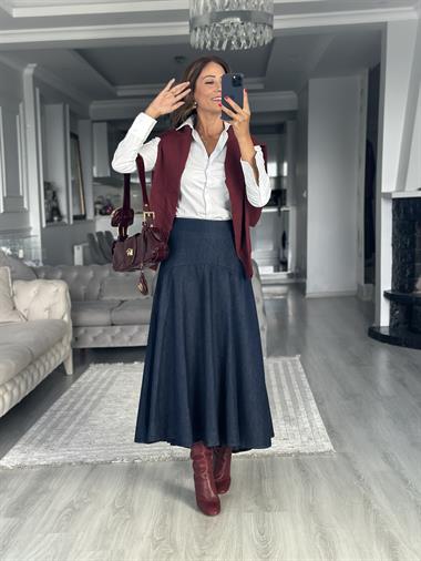 Lacivert  Arkası Fermuarlı Midi Boy Kadın Denim Etek