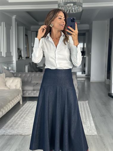 Lacivert  Arkası Fermuarlı Midi Boy Kadın Denim Etek
