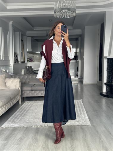 Lacivert  Arkası Fermuarlı Midi Boy Kadın Denim Etek