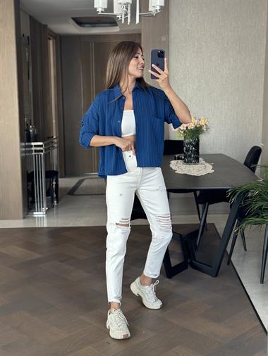 Lacivert Asimetrik Tek Cepli Dokulu Kadın Gömlek