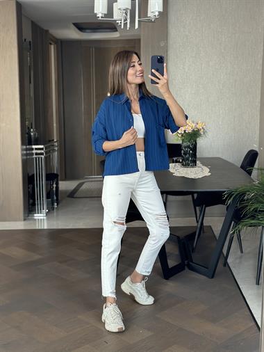 Lacivert Asimetrik Tek Cepli Dokulu Kadın Gömlek