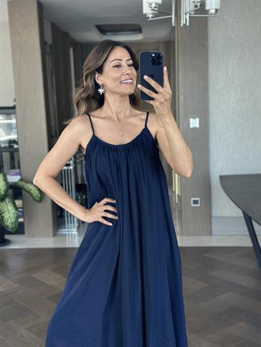 Lacivert Ayarlanabilir Askılı Astarlı Salaş Maksi Boy Kadın Elbise