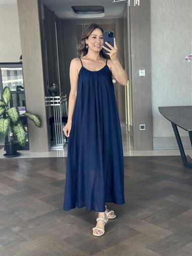 Lacivert Ayarlanabilir Askılı Astarlı Salaş Maksi Boy Kadın Elbise