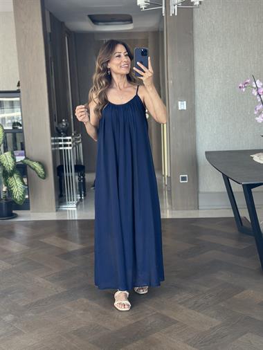 Lacivert Ayarlanabilir Askılı Astarlı Salaş Maksi Boy Kadın Elbise