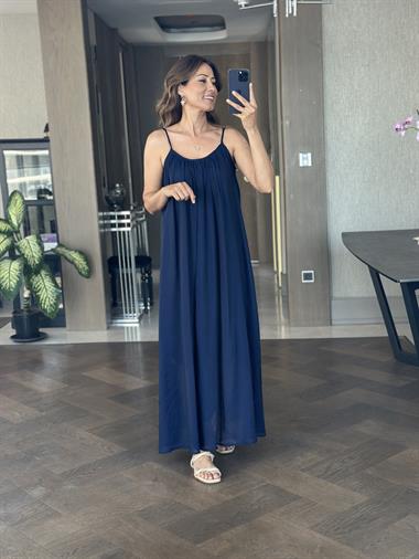 Lacivert Ayarlanabilir Askılı Astarlı Salaş Maksi Boy Kadın Elbise