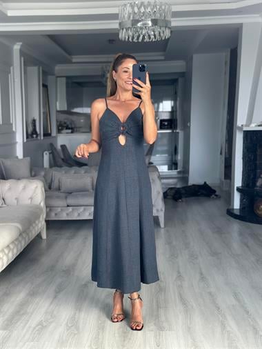 Lacivert Ayarlanabilir İp Askılı Dekolteli Parçalı Midi Boy Kadın Elbise