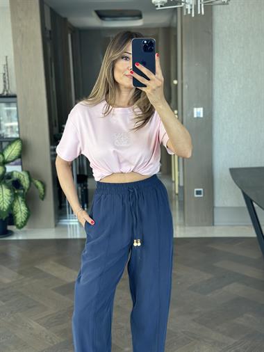 Lacivert Bağcığı Boncuklu Dikiş Detay Kadın Pantolon