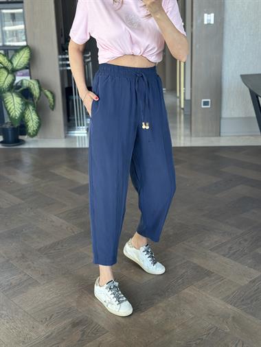 Lacivert Bağcığı Boncuklu Dikiş Detay Kadın Pantolon