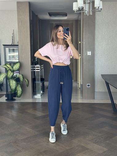 Lacivert Bağcığı Boncuklu Dikiş Detay Kadın Pantolon