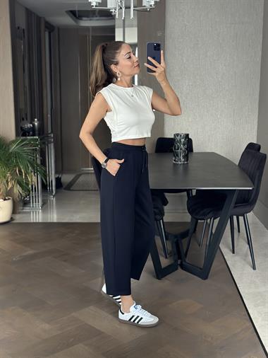 Lacivert Modal Beli Bağcıklı Cepli Önü Dikiş Detay Kadın Pantolon