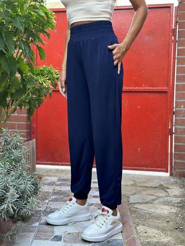Lacivert Beli Ve Paçası Geniş Lastikli Cepli Kadın Pantolon
