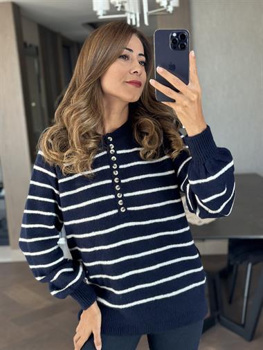 Lacivert Beyaz Çizgili Onbir Düğmeli Kadın Kazak