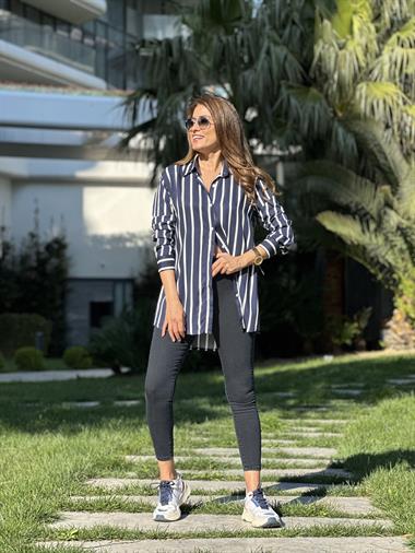 Lacivert Beyaz Çizgili Viskon Kadın Gömlek