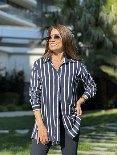 Lacivert Beyaz Çizgili Viskon Kadın Gömlek