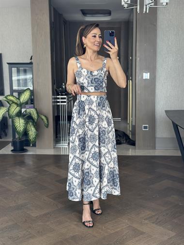 Lacivert Beyaz Desenli Arkası Gipeli Crop Bluz Etek Kadın Takım