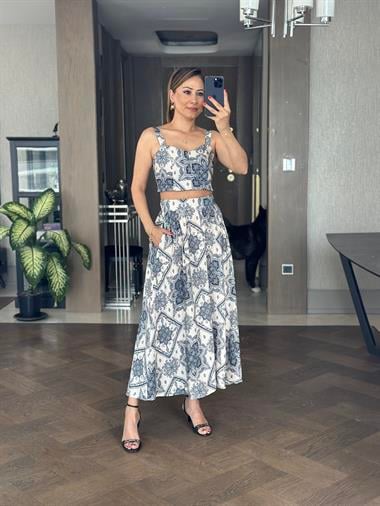 Lacivert Beyaz Desenli Arkası Gipeli Crop Bluz Etek Kadın Takım