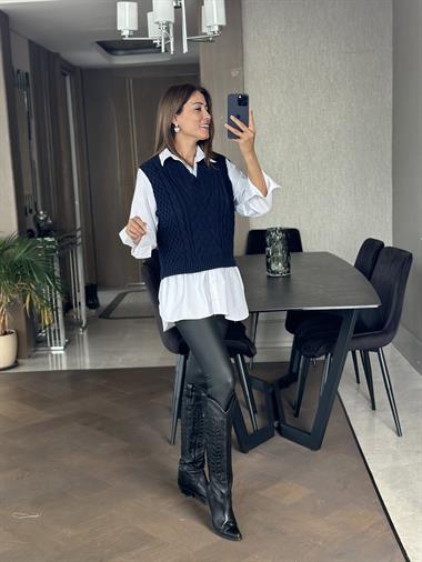Lacivert Beyaz Gömlekli Triko Kadın Süveter