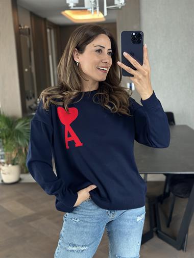 Lacivert Bisiklet Yaka Kalp Detay Kadın Triko Kazak