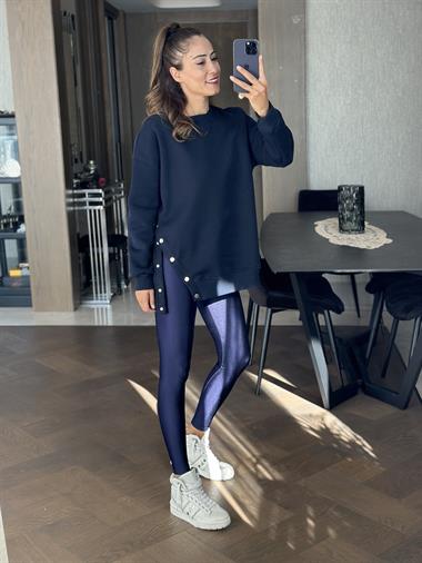 Lacivert Bisiklet Yaka Tek Yanı Çıtçıtlı Kadın Sweatshirt