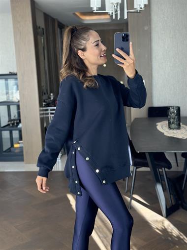 Lacivert Bisiklet Yaka Tek Yanı Çıtçıtlı Kadın Sweatshirt