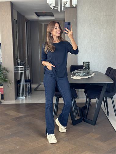 Lacivert Bisiklet Yaka Uzun Kol Dlvn Düz Merserize Kadın Bluz