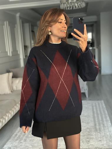 Lacivert Bordo Geniş Baklava Desenli Kadın Kazak