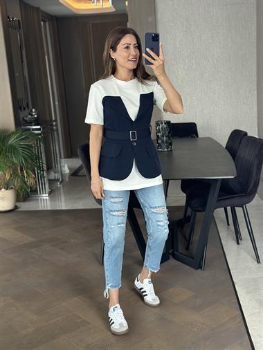 Lacivert Ceket Yaka Garnili Kadın Bluz