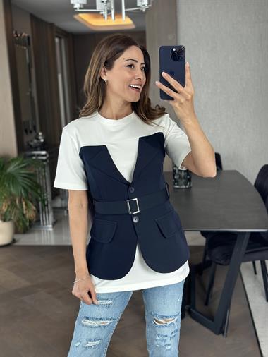 Lacivert Ceket Yaka Garnili Kadın Bluz