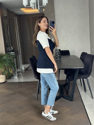 Lacivert Ceket Yaka Garnili Kadın Bluz