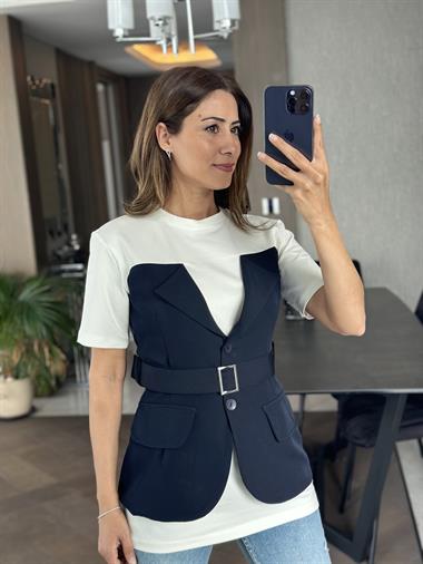 Lacivert Ceket Yaka Garnili Kadın Bluz