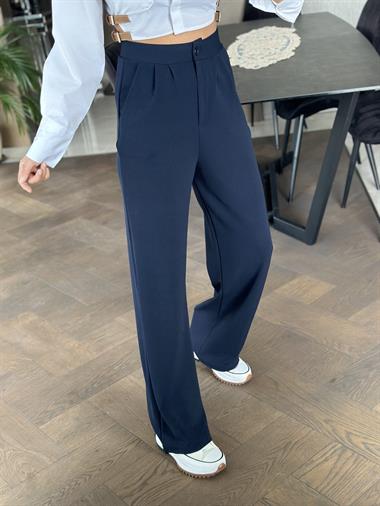 Lacivert Çift Pileli  Likralı Krep Palazzo Kadın Pantolon