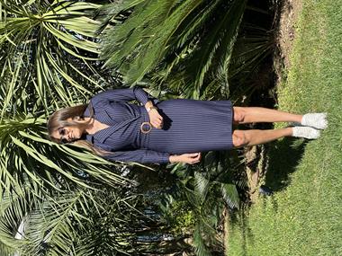 Lacivert Çizgili Kruvaze Yaka Kuşaklı Krep Kadın Elbise