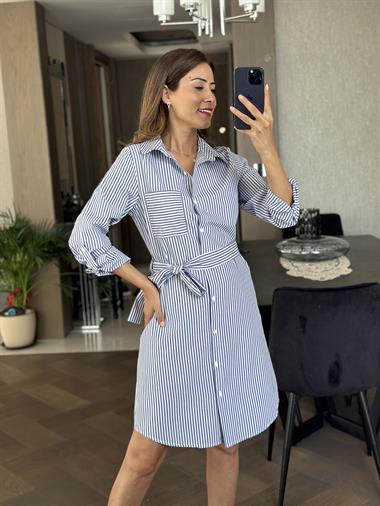 Lacivert Çizgili Kuşaklı Poplin Kadın Gömlek Elbise
