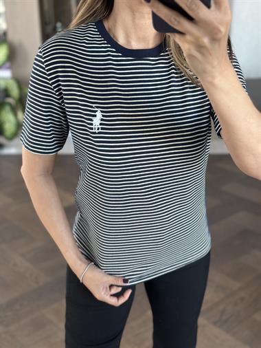 Lacivert Çizgili Nakışlı Bisiklet Yaka Kadın T-Shirt