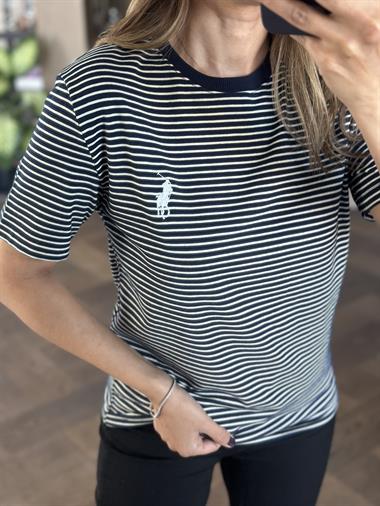 Lacivert Çizgili Nakışlı Bisiklet Yaka Kadın T-Shirt
