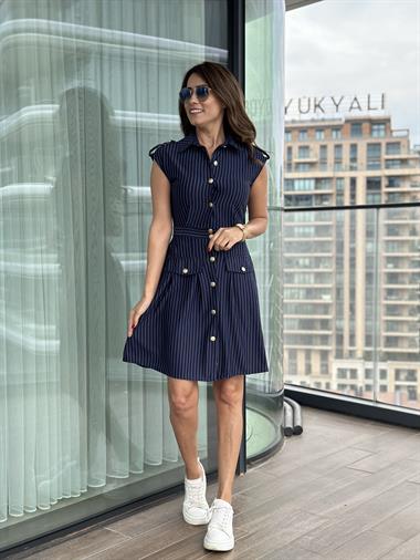Lacivert Çizgili Omuz Ve Cep Düğme Detay Krep Kadın  Gömlek Elbise