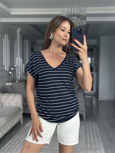 Lacivert Çizgili Ön Arka V Yaka Kısa Kol Kadın T-Shirt