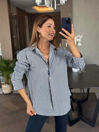 Lacivert Çizgili Oversize Kadın Gömlek
