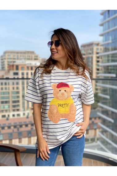 Lacivert  Çizgili Pretty Ayıcık T-Shirt