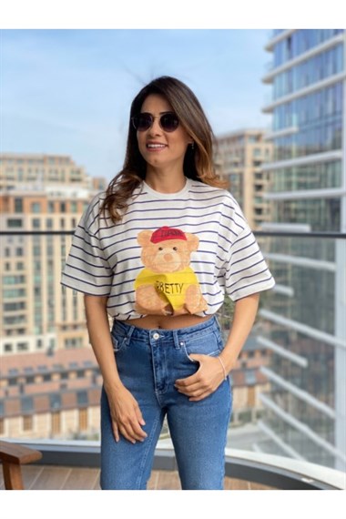 Lacivert  Çizgili Pretty Ayıcık T-Shirt