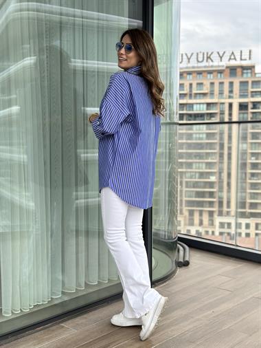 Lacivert Çizgili Tek Cepli Oversize Poplin Kadın Gömlek